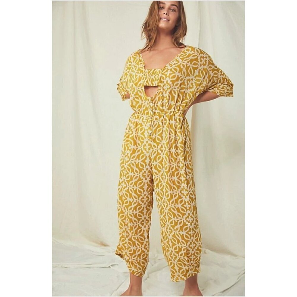 Intimately Free People Rewind Printed Butter Yellow Wide Leg Jumpsuit Oversized